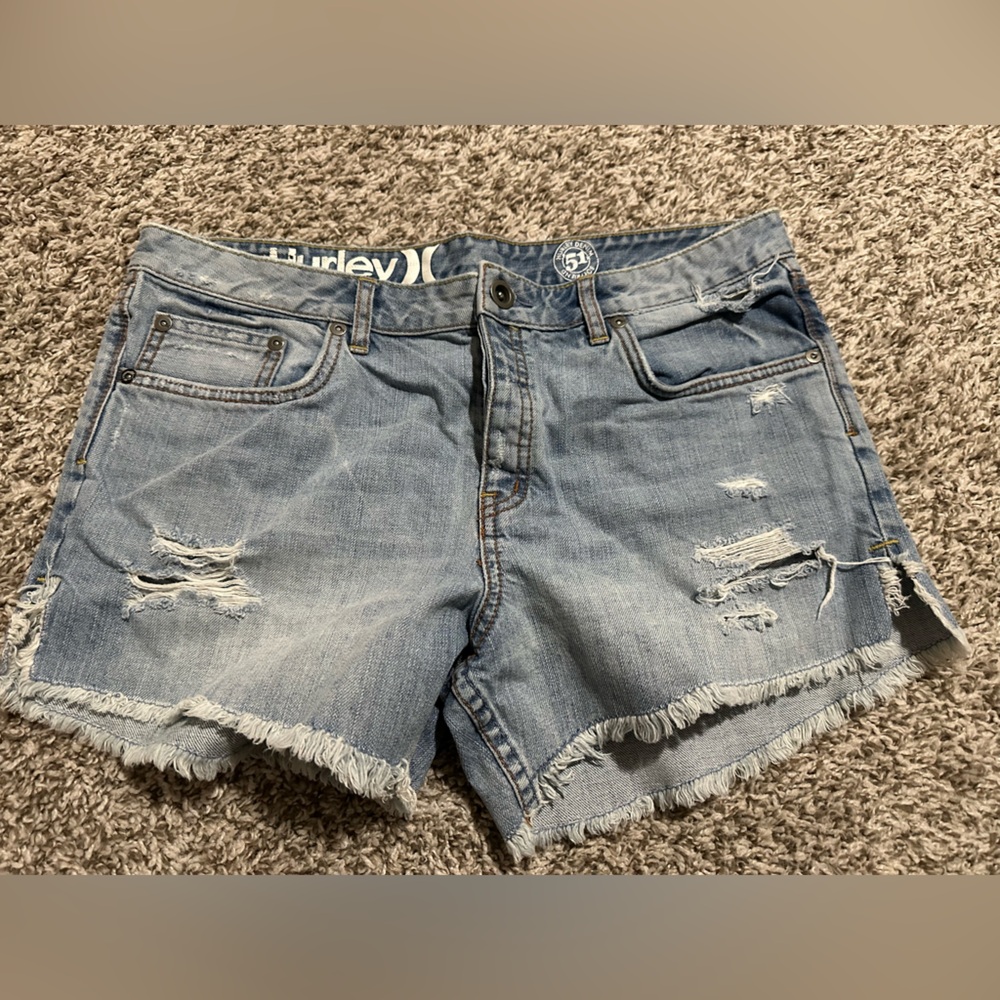 Hurley Women's Ripped Jean Shorts - Light Blue